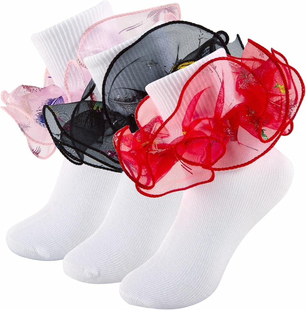 Girls Ruffle Socks Toddler Double Lace Sock Turn Cuff Frilly Dress Socks Pageant with Ruffles Lit... | Amazon (US)