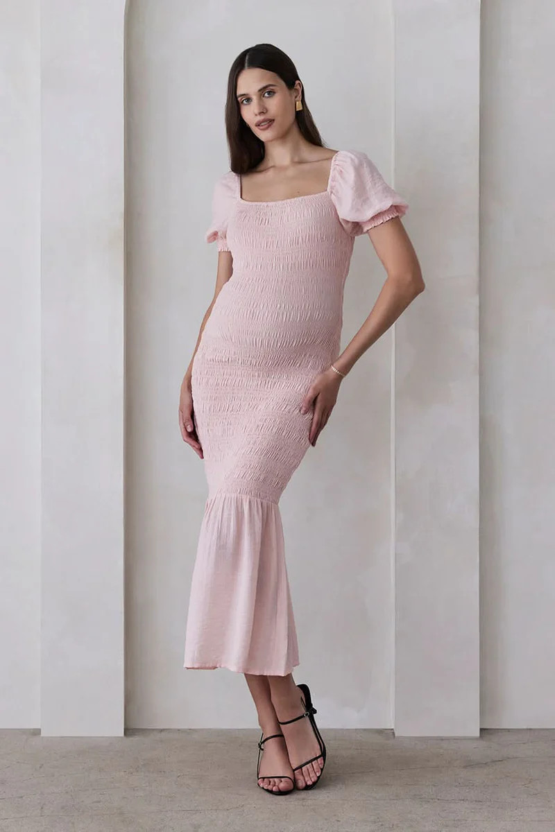 The Shirred Puff Sleeve Midi Dress | Shop Bumpsuit's Maternity Vacation Collection | BUMPSUIT