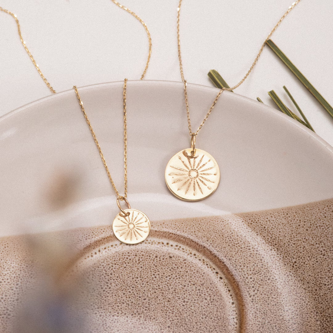 Sunbeam Necklace Real Gold 14K, Custom Initial Name Engrave Minimalist Sunshine Necklace, Gold Th... | Etsy (US)