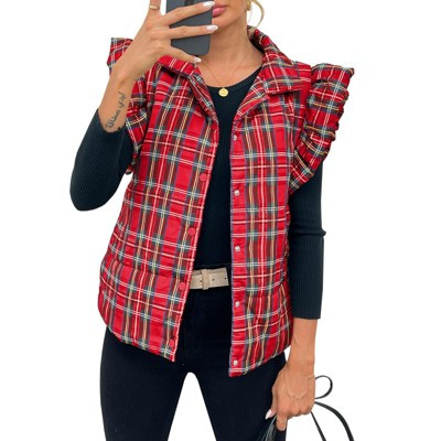 Imily Bela Womens Plaid Puffer Ruffle Sleeveless Lightweight Quilted Vest Fall Winter Padded Gile... | Target