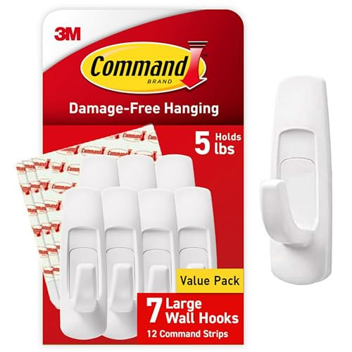Command 5 lb Large Utility Hooks, 7 Wall Hooks and 12 Strips, Damage Free Hanging with Adhesive Strips, No Tools for Hanging, Organization and Storage | Amazon (US)