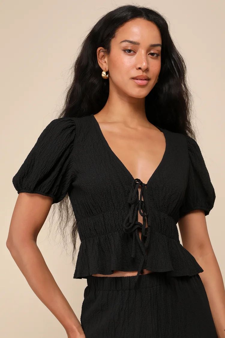 Popular Personality Black Textured Tie-Front Puff Sleeve Top | Lulus