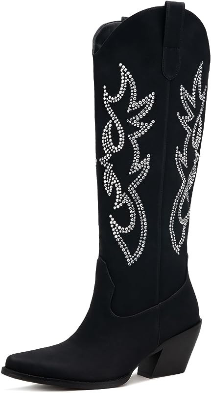 Pasuot Rhinestone Cowboy Boots for Women - Wide Calf Knee High Cowgirl Boots with Side Zipper and Sp | Amazon (US)