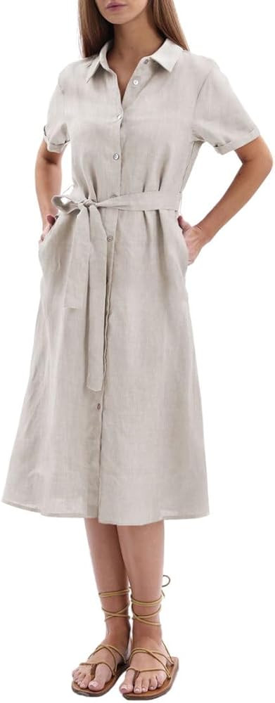 Amazhiyu Women's 100% Linen Summer Casual Loose Button Down Midi Shirt Dresses | Amazon (US)