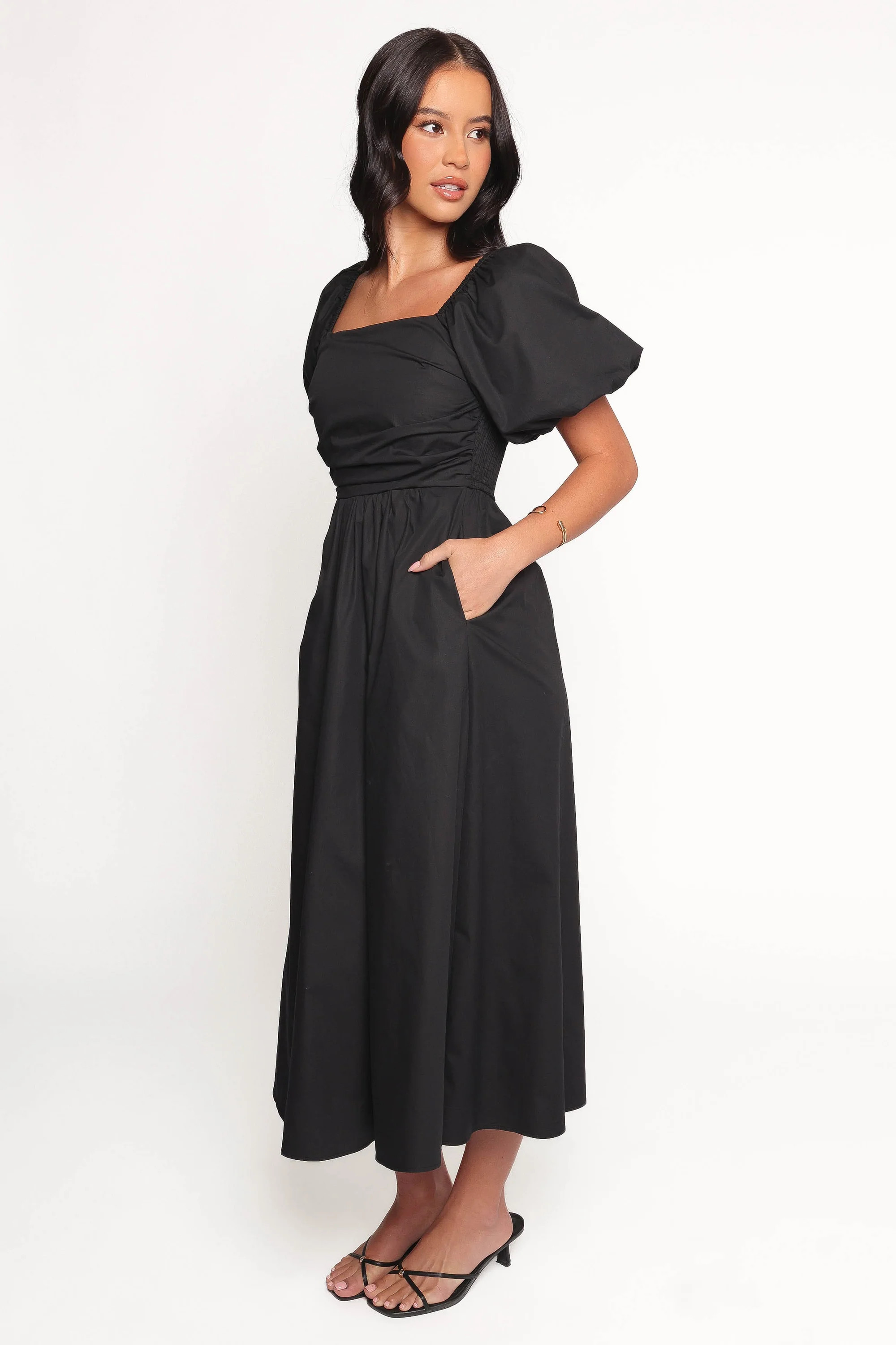 Clo Puff Sleeve Midi Dress - Black | Petal & Pup (US)