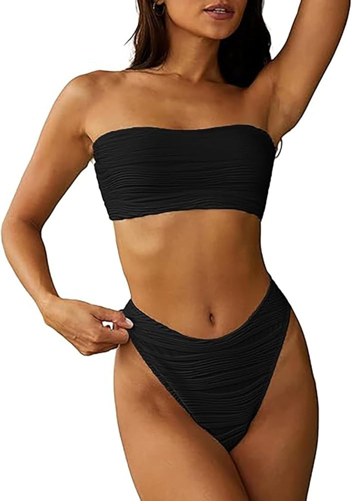 HYTENSUN Women's Bandeau High Waisted Bikini Patchwork Strapless Ribbed Swimsuits Two Piece Bathi... | Amazon (US)