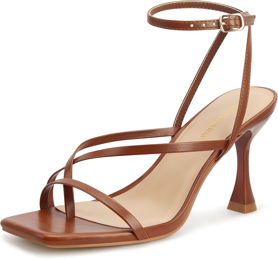 Amazon.com | LOOPCHARM Women's Strappy High Heels Sandals Square Open Toe Ankle Strap Slingback T... | Amazon (US)
