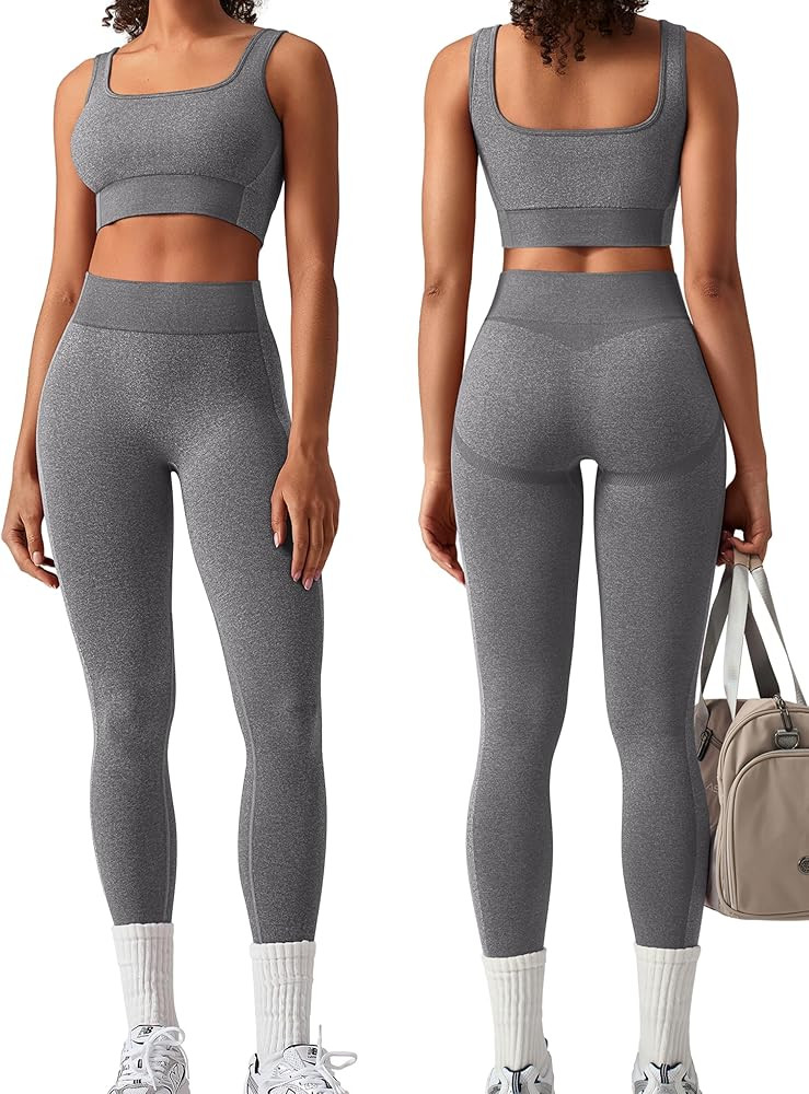 Amazon.com: OLCHEE Womens Workout Sets 2 Piece Seamless Square Neck Sports Bra Padded Butt Liftin... | Amazon (US)