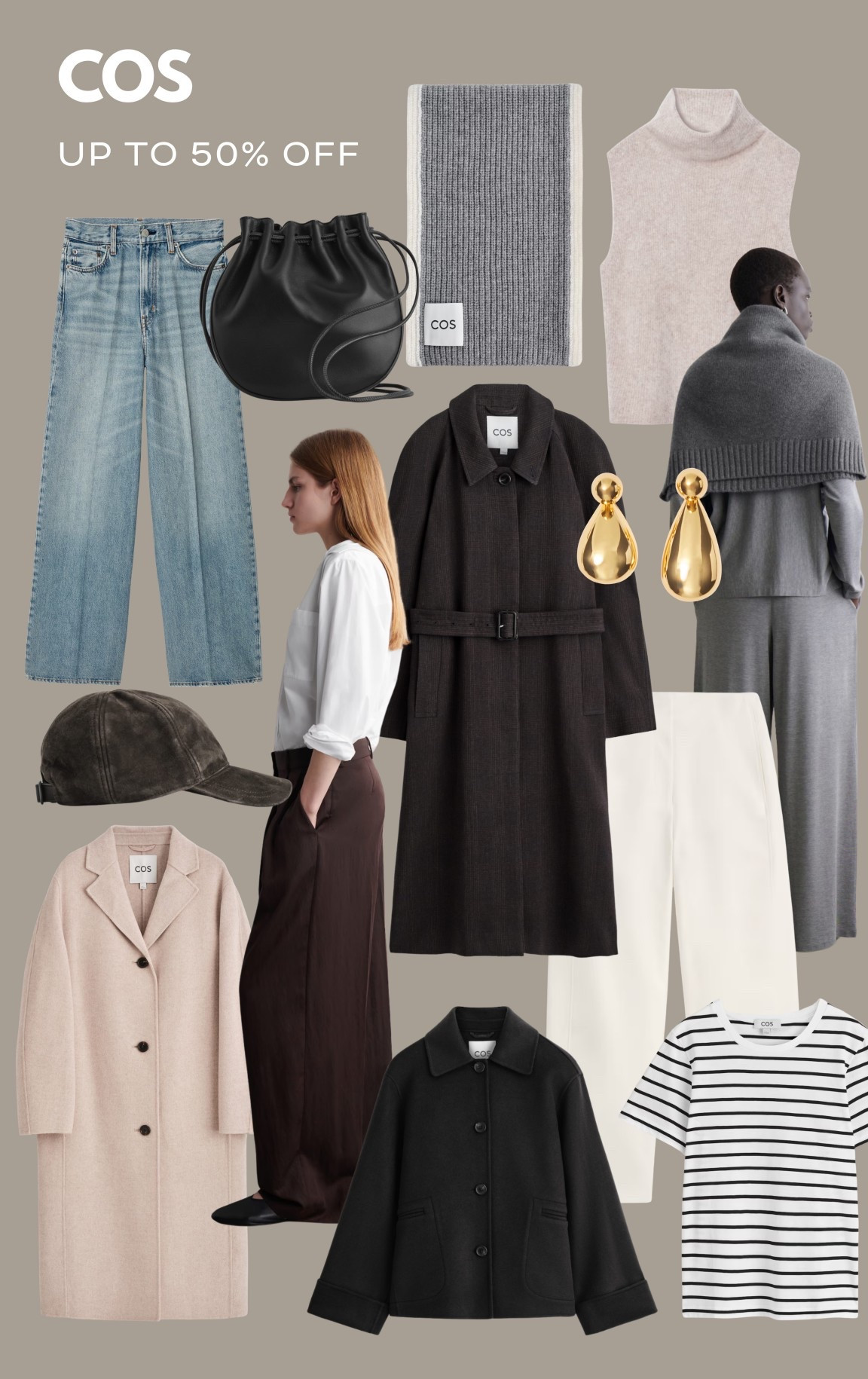 Up to 50% off at COS 

Winter fashion / wardrobe staples / jeans / wool coat / stripe t-shirt / grey scarf 