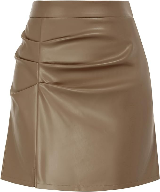 Kate Kasin Women's Leather Skirts Front Slit Ruched Bodycon Mini Skirt High Waist PU Leather Skor... | Amazon (US)