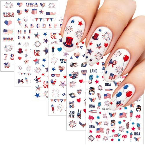 4th of July Nail Stickers 6 Sheets - 3D Embossed Red White & Blue Self-Adhesive Decals with American Flag, Stars & Fireworks, Independence Day DIY Manicure for Women | Amazon (US)