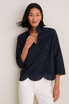 Navy Nautical Eyelet Margot Stand Collar Blouse | Tuckernuck (US)