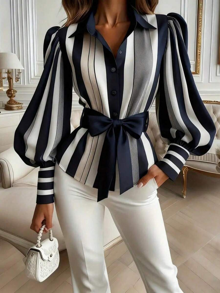 Contrast Color Striped Front Button Bow Tie Waist Belt, Suitable For Everyday Wear Spring | SHEIN