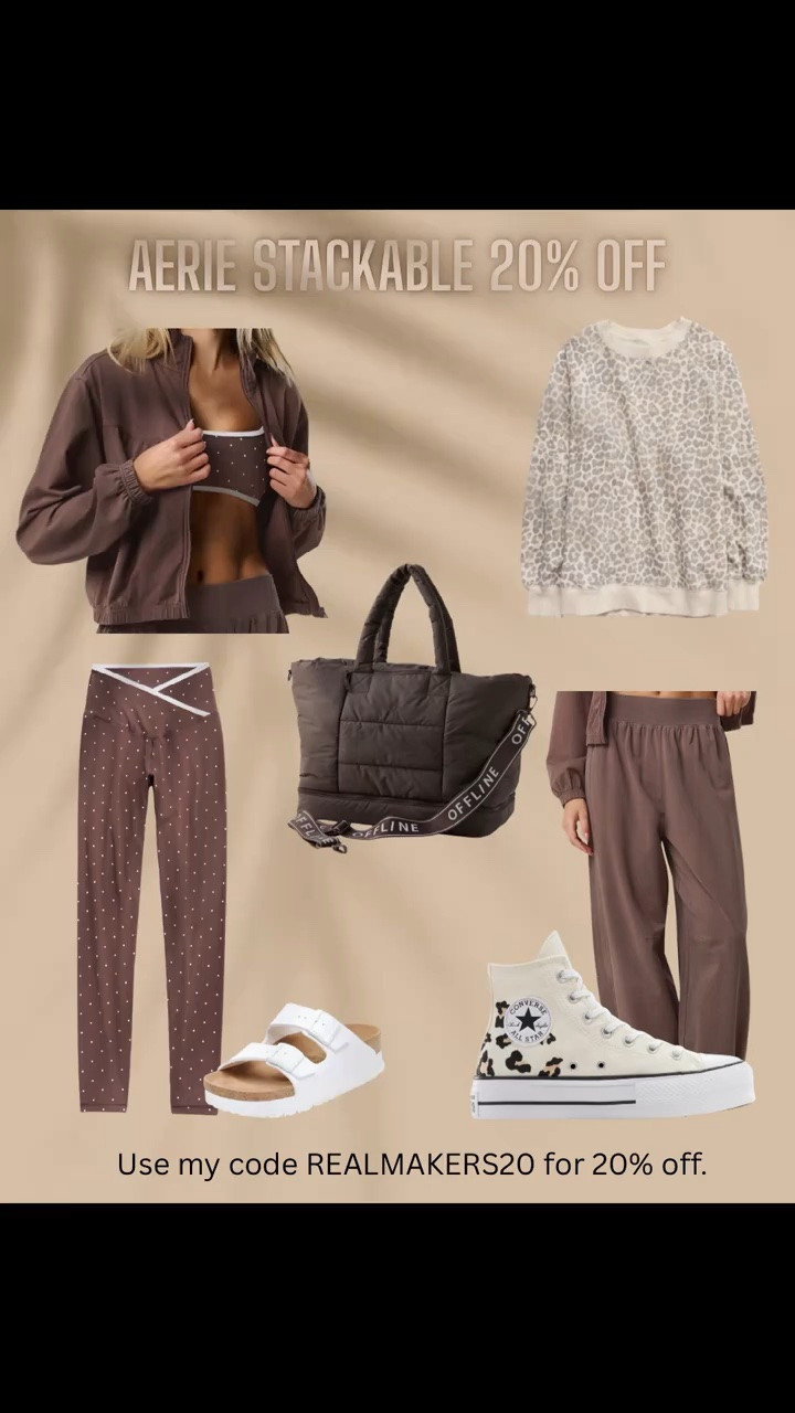 Comfy, cute, and neutral? Yes please. 🤎 I’m obsessed with @Aerie OFFLINE collection—especially this chocolate brown set, the puffer tote, and the leopard sweatshirt! Use my code REALMAKERS20 to save an extra 20% off your order. ✨ #LTKStyle #AeriePartner  #AerieRealmakers #AD