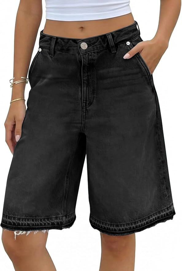 Tankaneo Women Baggy Bermuda Jean Shorts High Waisted Wide Leg Raw Hem Denim Shorts Summer Casual... | Amazon (US)
