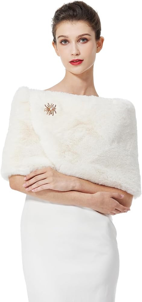 BEAUTELICATE Women Faux Fur Shawl Shrug Bridal Stole Wrap for Winter Wedding Party | Amazon (US)