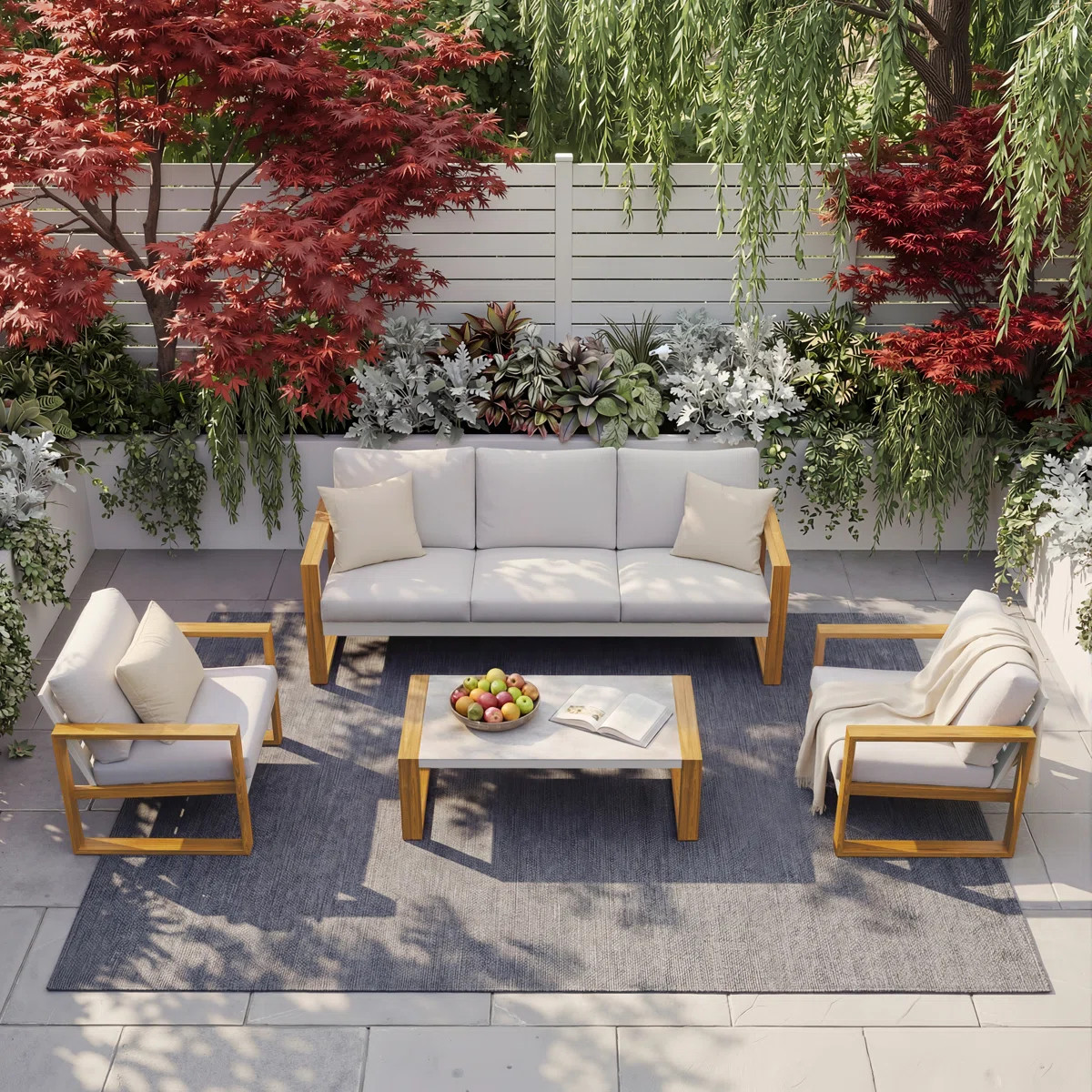 Arunas 5 Person Outdoor Conversation Furniture Set with Wood Pattern and Cushions | Wayfair North America