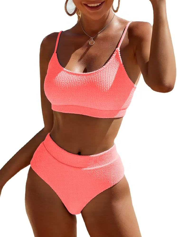 Fanuerg Women's Ribbed High Waisted Bikini Sets Scoop Neck Two Piece Swimsuits Spaghetti Strap Te... | Amazon (US)