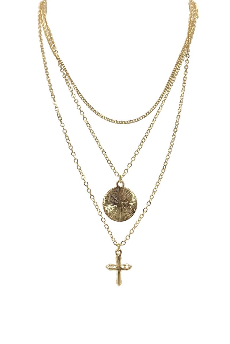 Gold Three Layer Chain Necklace w/ Cross and Pendant | Shop Style Your Senses