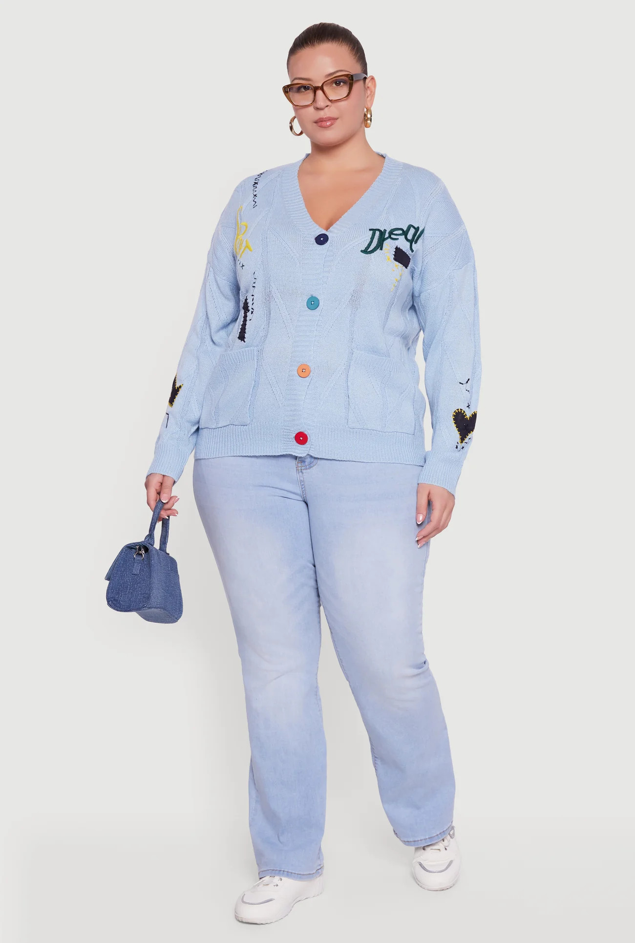Plus Size Embroidered Patch Button Front Cardigan | Rainbow Shops