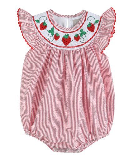 Lil Cactus Red & White Stripe Strawberry Appliqué Smocked Angel-Sleeve Romper - Infant & Toddler | Zulily