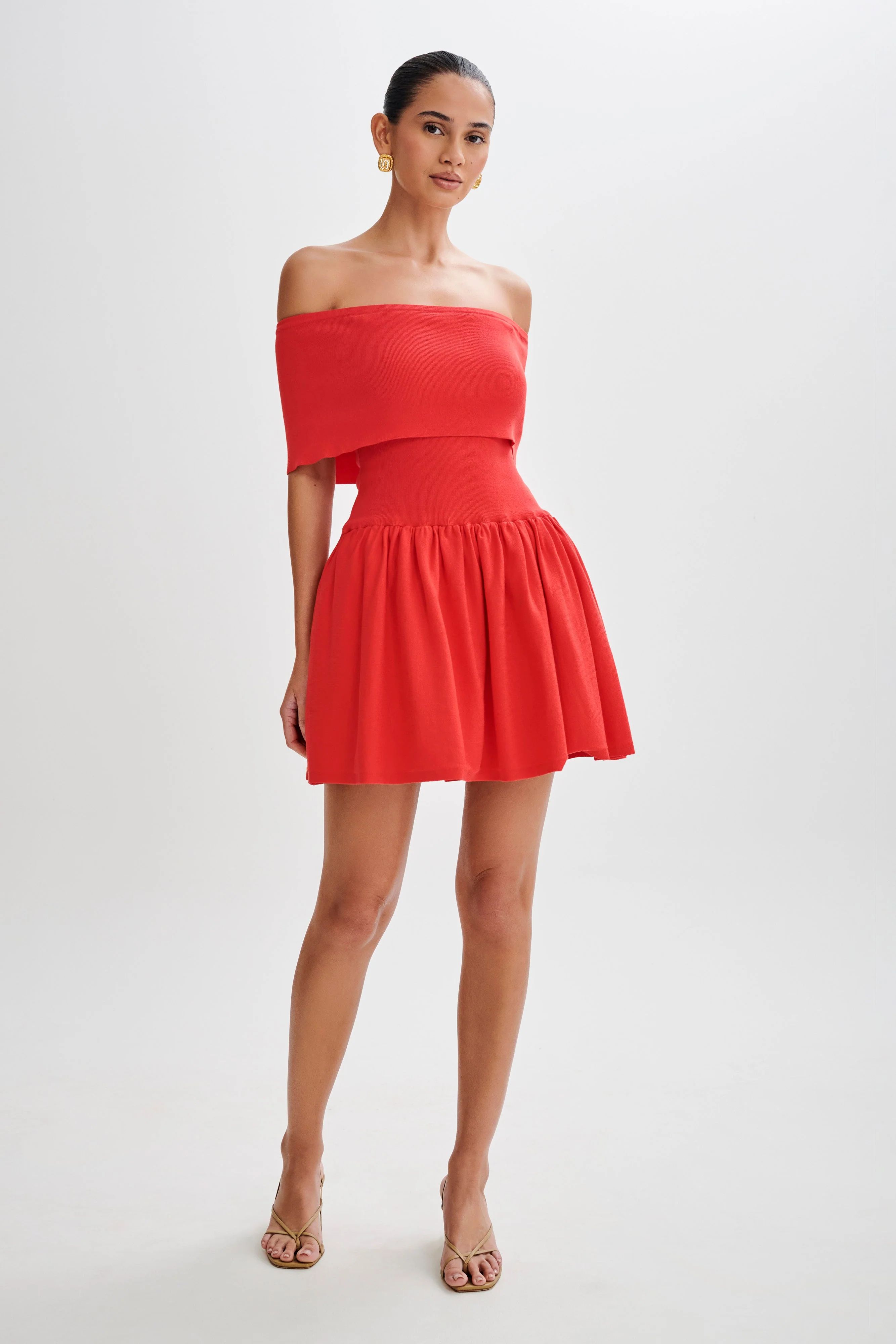 Lydia Off Shoulder Knit Mini Dress - Red | MESHKI US
