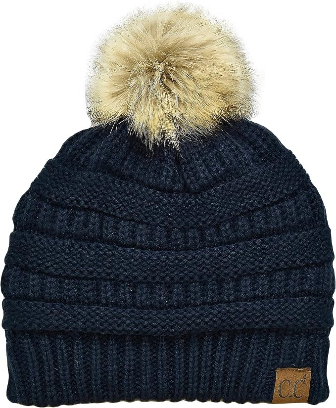 C.C Trendy Fuzzy Fleece Lined Warm Comfortable Soft Stretch Cable Knit Ribbed Faux Fur Pom Pom Be... | Amazon (US)