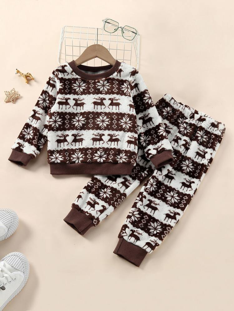 Toddler Boys Christmas Geo Pattern Flannel Pullover & Pants | SHEIN