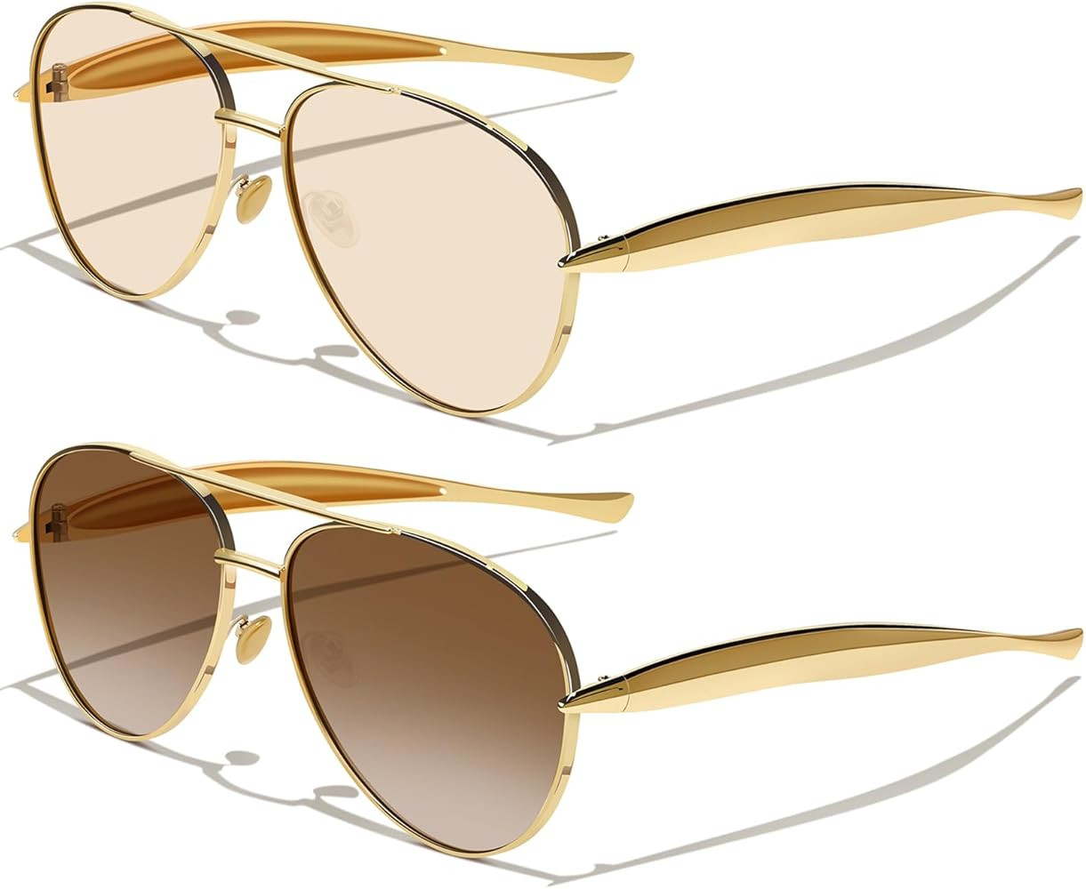 Gold Trendy Aviator Sunglasses for Women Men, Retro 2025 Metal 70s Oversized Sun Glasses | Amazon (US)
