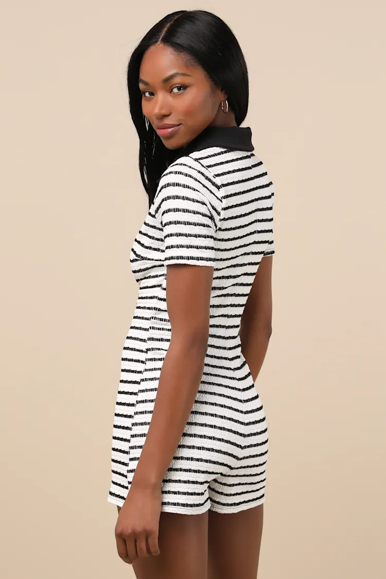 Adorably Playful White and Black Striped Textured Romper | Lulus