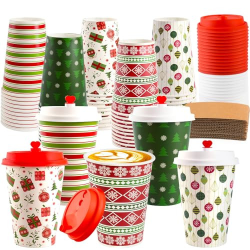 50 Pcs Christmas Hot Coffee Cups with Lids, 12 Oz Christmas Disposable Paper Cups with Lids and Sleeves, Xmas Paper Cup for Hot Cold Drinks Hot Cocoa Drinking Xmas Holiday Winter Party Supplies | Amazon (US)