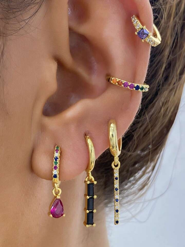 5 Pcs Gold Color Cubic Zirconia Dangle Earrings For Women Exquisite Colorful Zirconia Earrings Se... | SHEIN