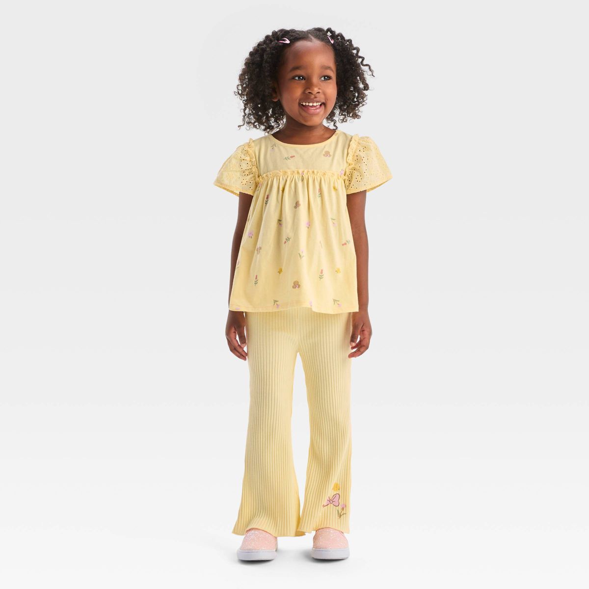 Toddler Girls' Disney Minnie Mouse Top and Flare Ribbed Pant Set - Yellow | Target