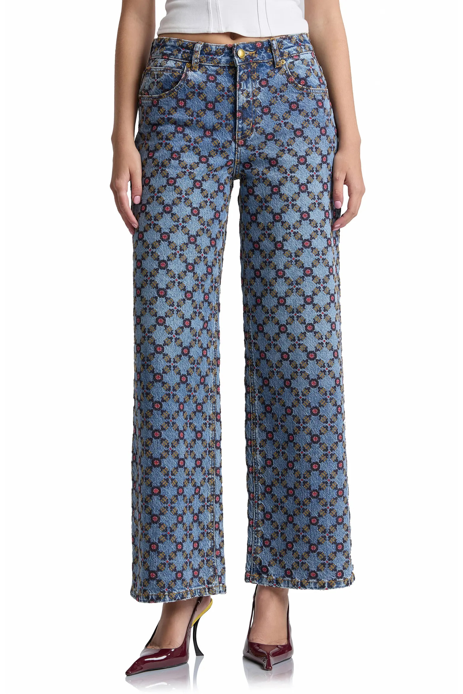 Avec Les Filles Tile Print High Waist Wide Leg Jeans (Women) | Nordstrom | Nordstrom