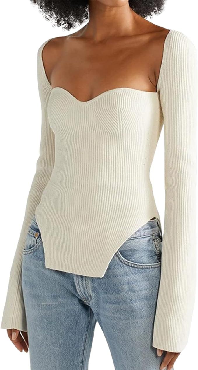 ACOSAP Women's Square Neck Ribbed Knitted Sweater Long Sleeve Crop Slim Fitted Basic Pullover Top... | Amazon (US)