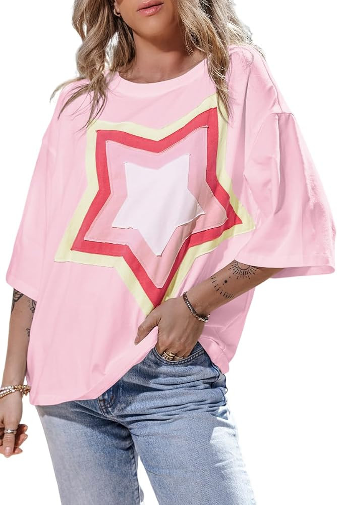 Women's Casual T-Shirt Short Sleeve Crewneck Basic Tee Tops 2026 Trendy Star Graphic Loose Fit Ov... | Amazon (US)