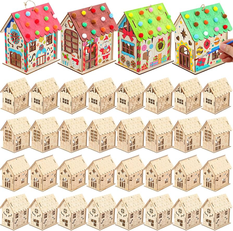 12 Pcs Wood Gingerbread House Craft Kit for Kids DIY Wooden Christmas Birdhouse Craft Kits Holida... | Amazon (US)