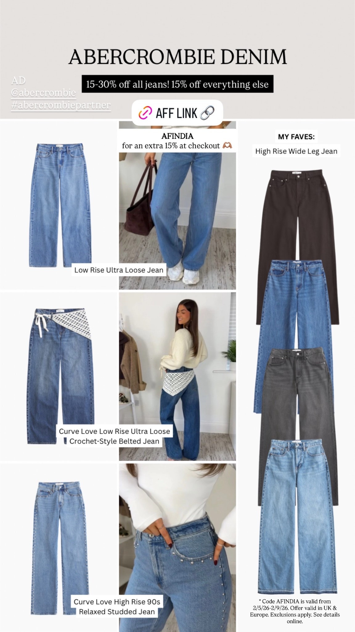 ad. @abercrombie denim sale! 15-30% off all jeans. 15% off everything else. Use my code AFINDIA for an extra 15% off 🫶🏽 #abercrombiepartner 

* Code AFINDIA is valid from 2/5/26-2/9/26. Offer valid in UK & Europe. Exclusions apply. See details online.  

#LTKstyletip #LTKspring #LTKeurope