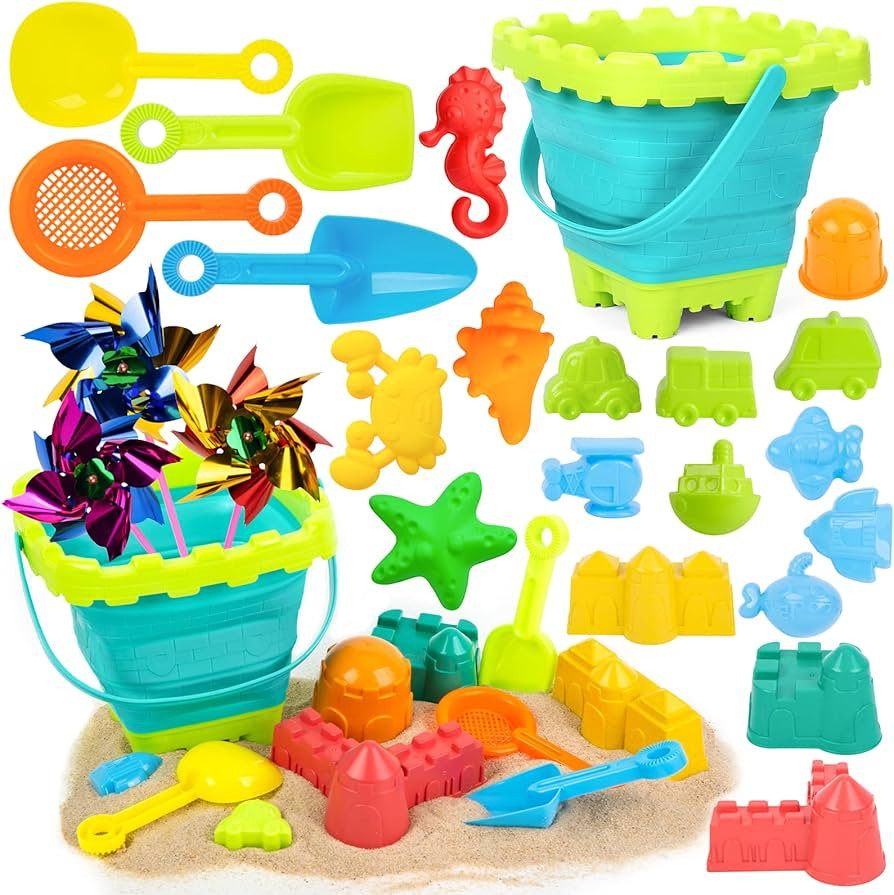 AMOR Present Beach Toys Set 31PCS, Foldable Beach Bucket Kids Sand Toys Beach Pails and Buckets C... | Amazon (US)