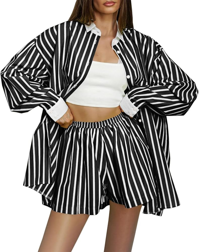Tankaneo Womens 2 Piece Outfits Oversized Striped Button Down Shirt and Elastic Waist Shorts Loun... | Amazon (US)
