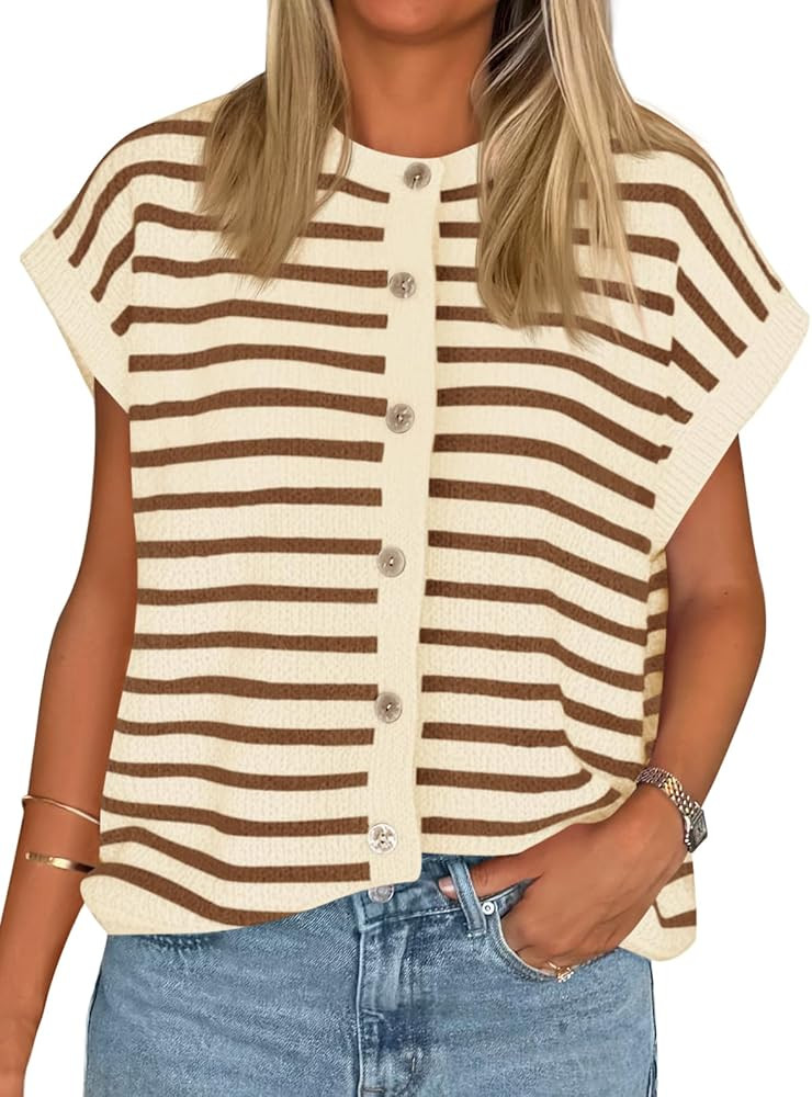 Cicy Bell Womens Striped Cap Sleeve Sweater Vest Crew Neck Button Down Cardigan Cute Knit Tops | Amazon (US)