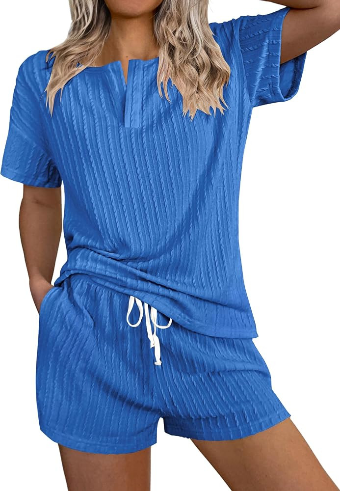 Ekouaer Ribbed Knit Lounge Sets for Women 2 Piece Outfits Short Sleeve Top and Shorts Pajama Sets... | Amazon (US)