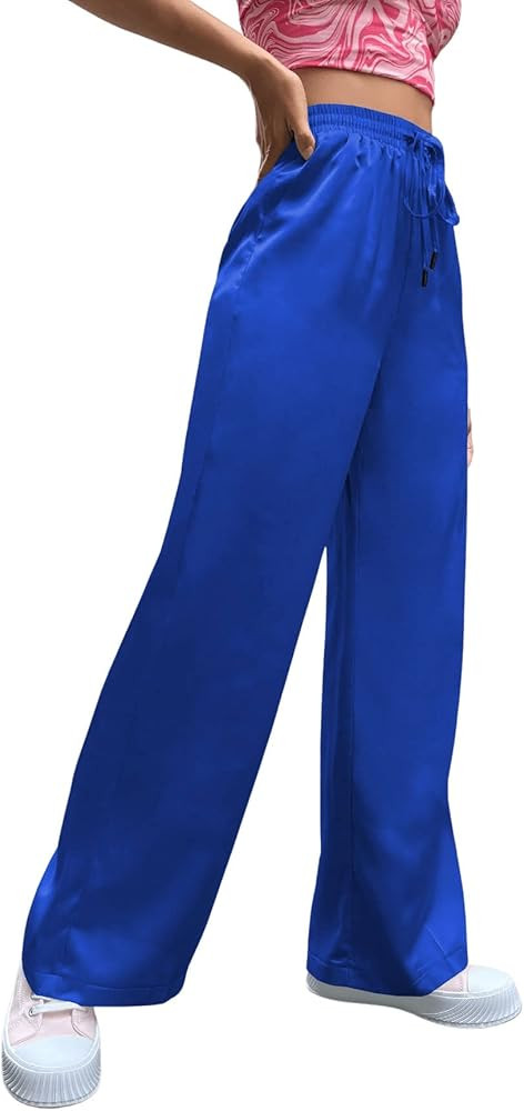SweatyRocks Women's Wide Leg Satin Pants Casual Elastic Waist Loose Trousers with Pocket | Amazon (US)