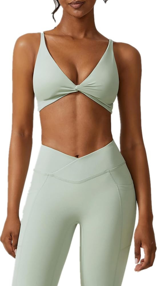 ABOCIW Workout Sets for Women Twist Front Halter Sports Bras High Waist Legging 2 Piece Exercise ... | Amazon (US)