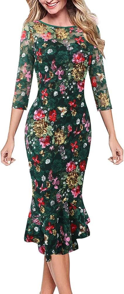 Amazon.com: VFSHOW Womens Green Lace Multi Floral Print Cocktail Party Casual Elegant Vintage Bod... | Amazon (US)