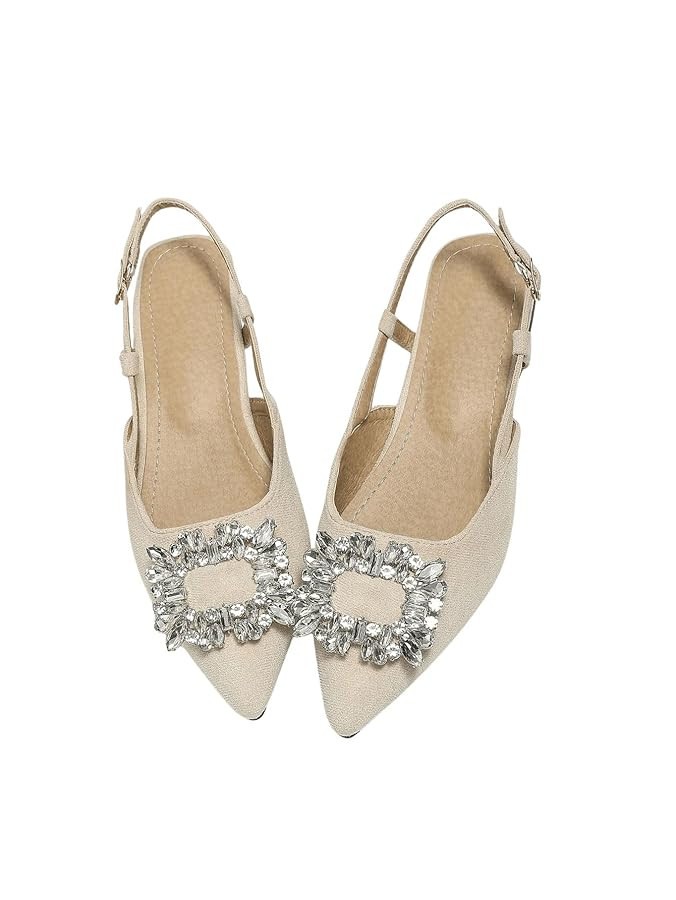 OYOANGLE Women's Rhinestone Decor Pointed Toe Slingback Flats Faux Suede Dress Sandals | Amazon (US)