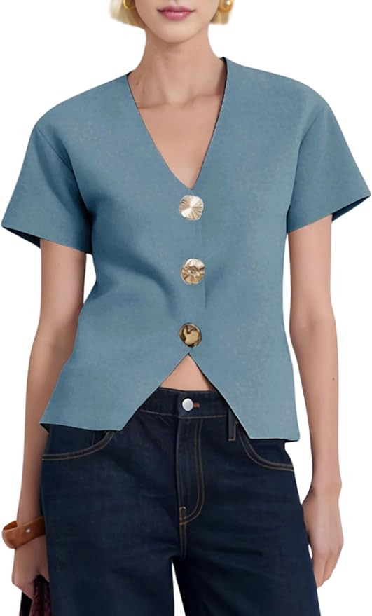 Daacee Women’s Short Sleeve Cardigan Sweaters Trendy V Neck Snap Gold Buttons Structured Croppe... | Amazon (US)
