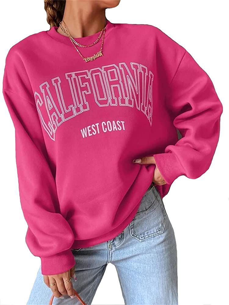 LOFAAC Women Oversized Fleece California Letter Graphic Print Sweatshirt Aesthetic Crew Neck Long... | Amazon (US)