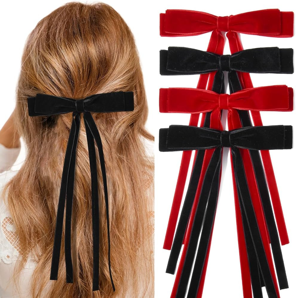 4PCS Velvet Hair Bows Ribbon Hair Clip Black Red Ponytail Holder Accessories Slides Metal Clips B... | Amazon (US)