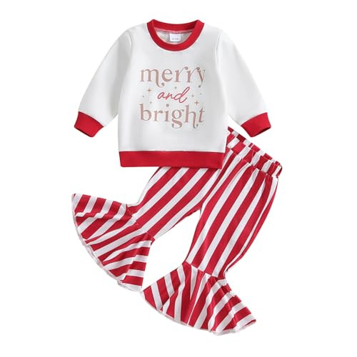 Kupretty Baby Girl Fall Winter Clothes Santa Baby Crewneck Sweatshirts Striped Flare Pants Set Toddler Christmas Outfits (White Red, 2-3 Years) | Amazon (US)